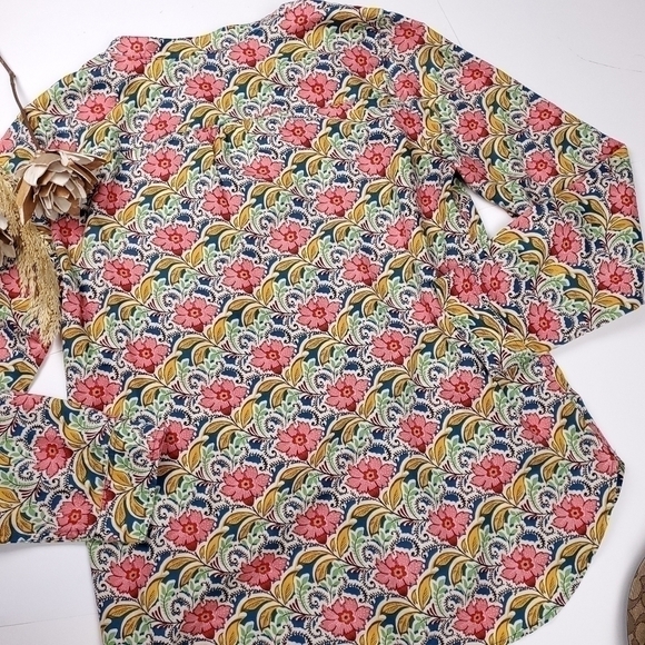 TALBOTS Cream Pink Tan Floral Print Casual Button Down Top Sz M - Picture 10 of 13